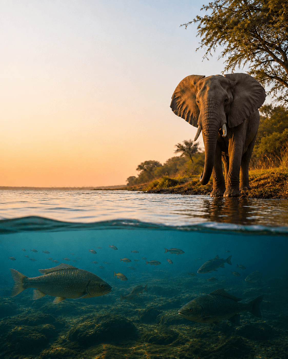 A serene boat safari view on the Kabini River backwaters at the forest's edge